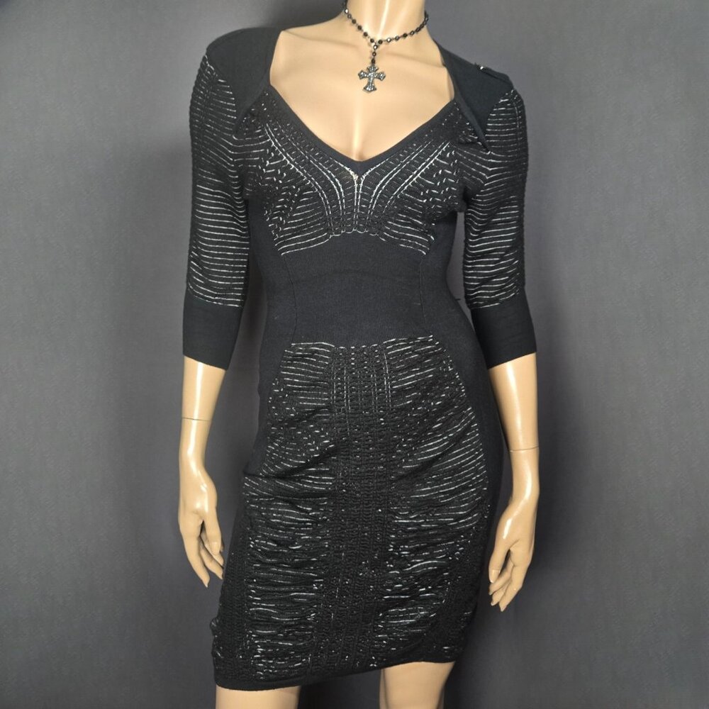 Y2K Mini Sweater Dress size S Black Bodycon Grunge Goth Mcbling V Neck